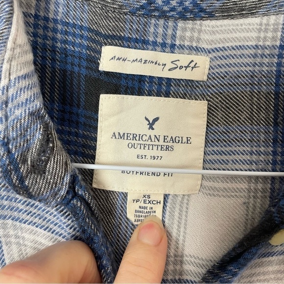 American Eagle Plaid Flannel Button-Down Shirt – Blue/Black/White, XS - Picture 6 of 10